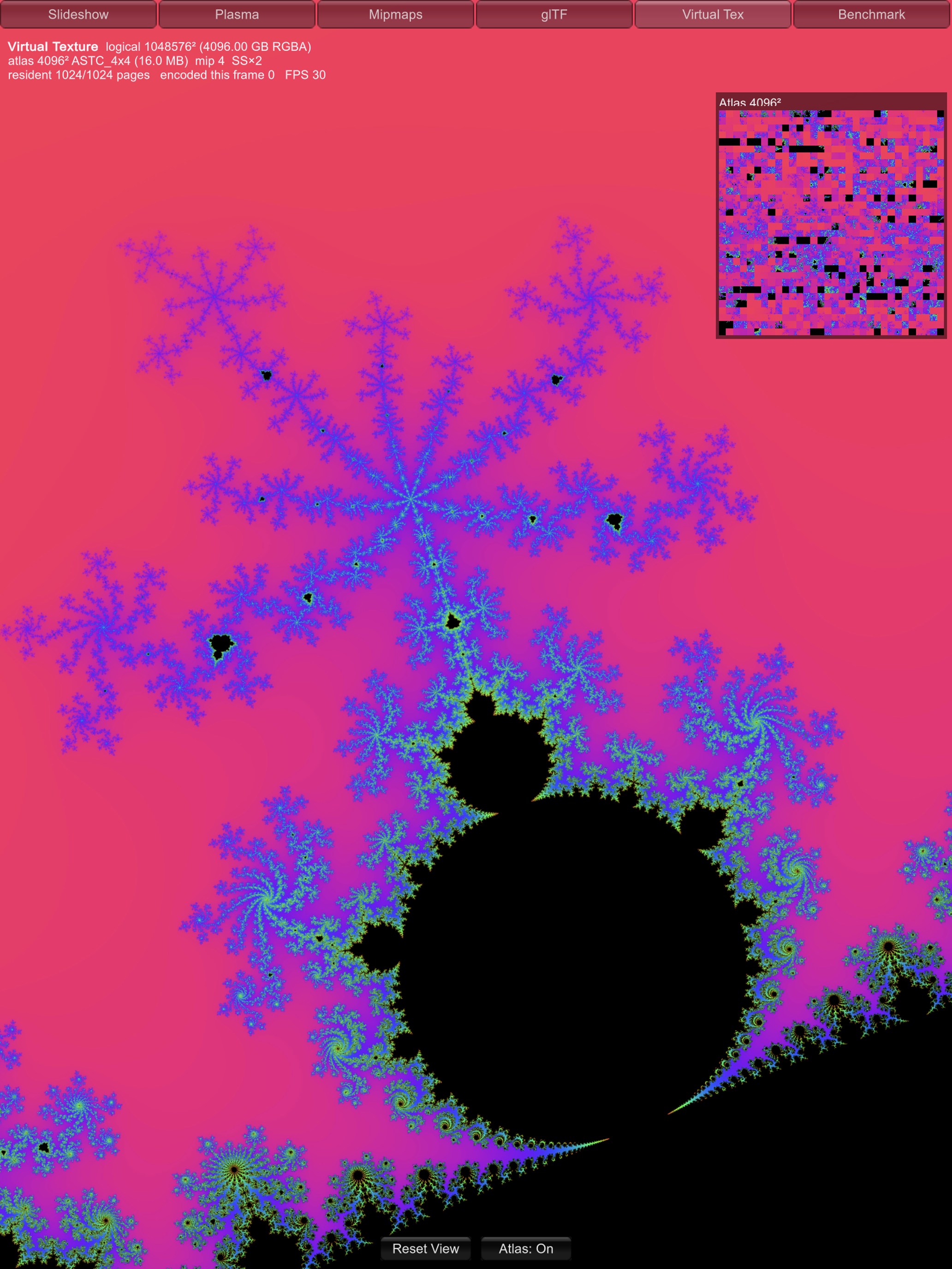 Spark for Unity demo: procedural Mandelbrot virtual-texture streamed and encoded in real time
